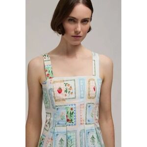 HUNTER Blue Botanical Strawberry Stamp Print Mini Dress Square Neck Summer XL